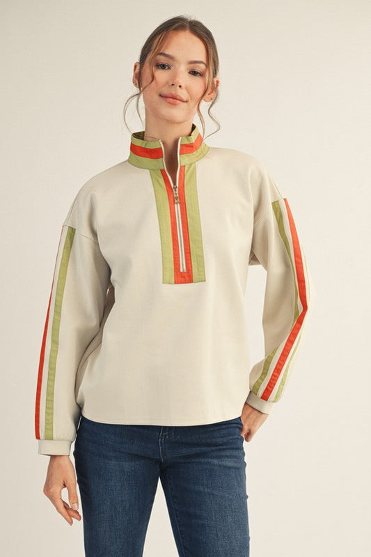 Contrast Zip Up Sweatshirt- Oatmeal