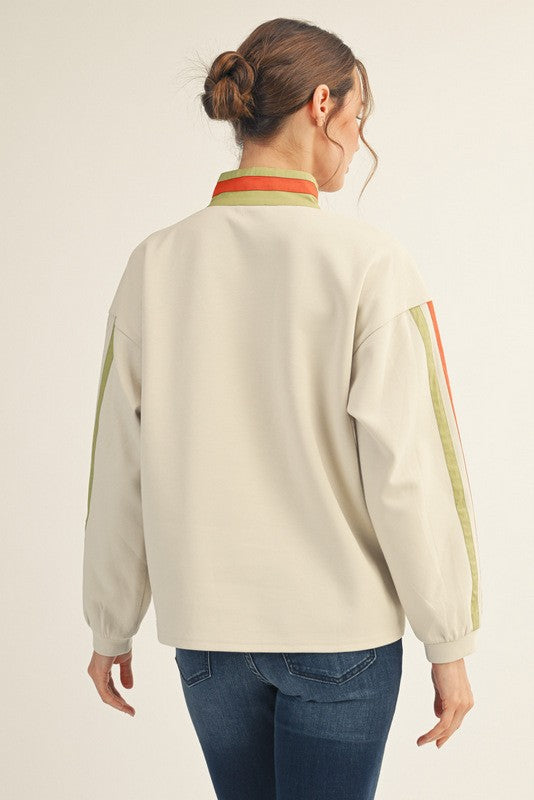 Contrast Zip Up Sweatshirt- Oatmeal