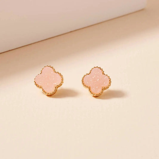 Flower Druzy Stone Stud Earrings - Peach