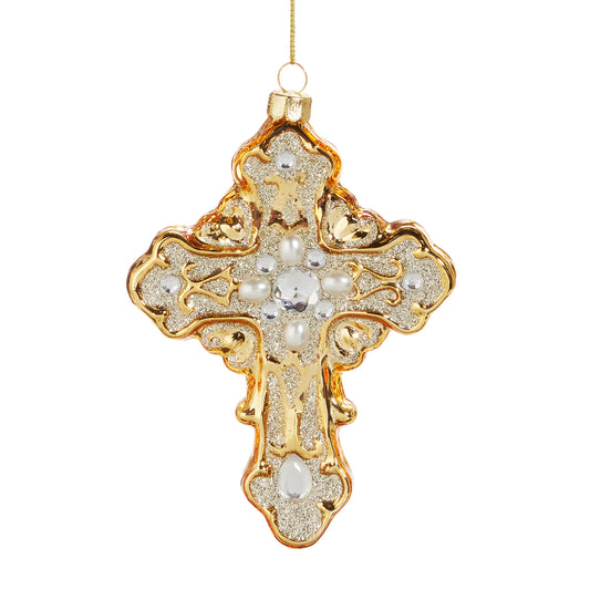 Gold w/Pearl Embellished Cross Ornament