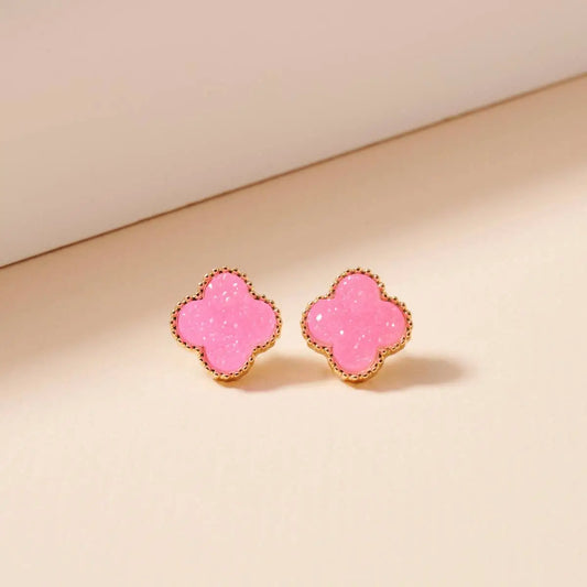 Flower Druzy Stone Stud Earrings -Pink
