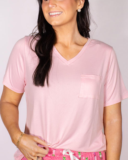 Highlands V-Neck Pocket Tee- Light Pink