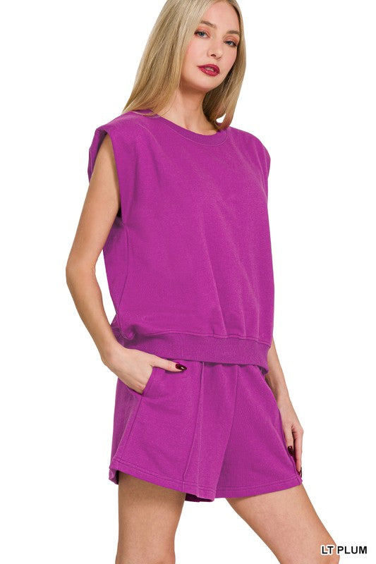 French Terry Sleeveless Top & Shorts Set - Plum
