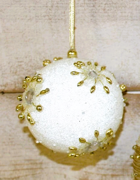 Glass Beaded Ball Ornaments- White, Gold