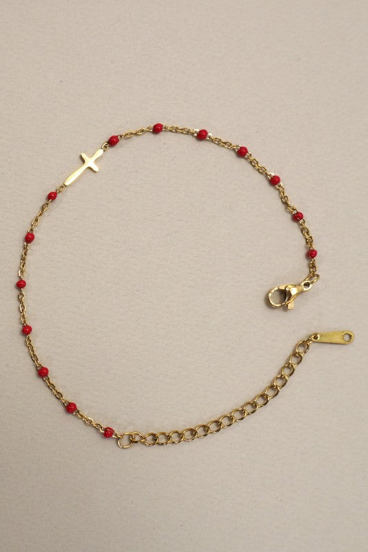 Beaded Cross Bracelet-Red