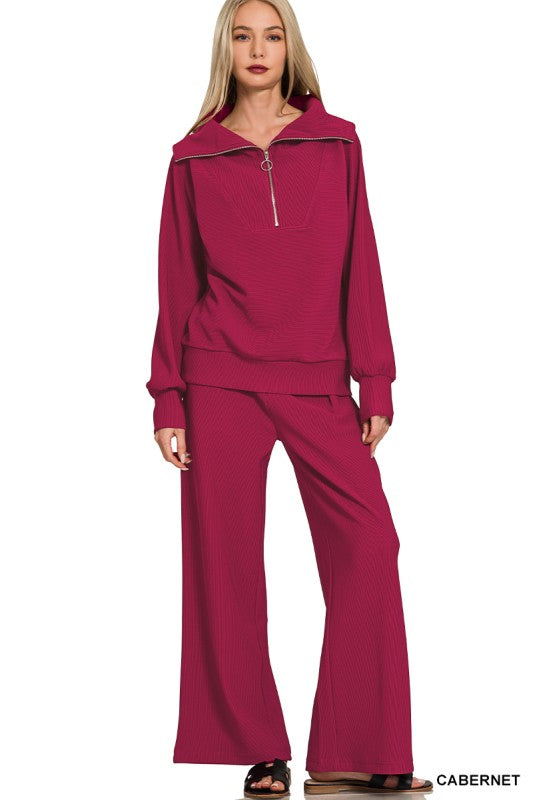 Ribbed Half Zip Pullover & Pants Set- Cabernet