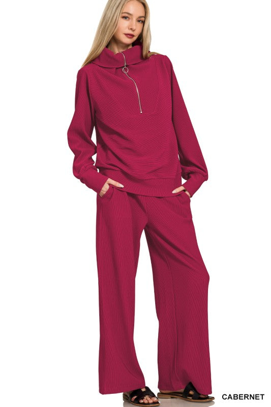 Ribbed Half Zip Pullover & Pants Set- Cabernet