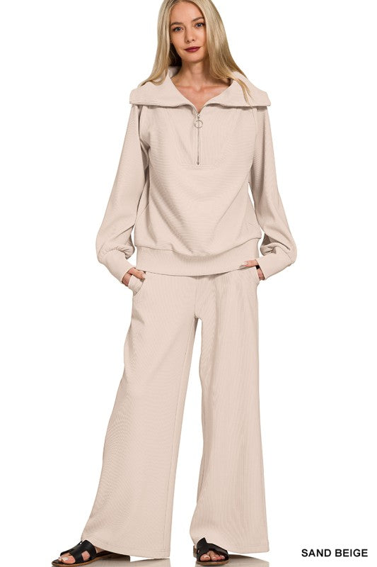Ribbed Half Zip Pullover & Pants Set- Sand Beige