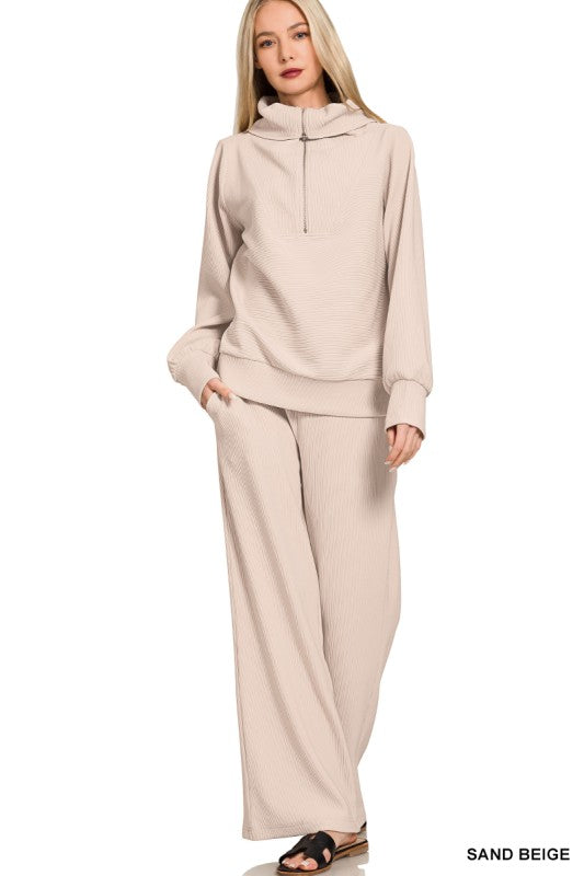Ribbed Half Zip Pullover & Pants Set- Sand Beige