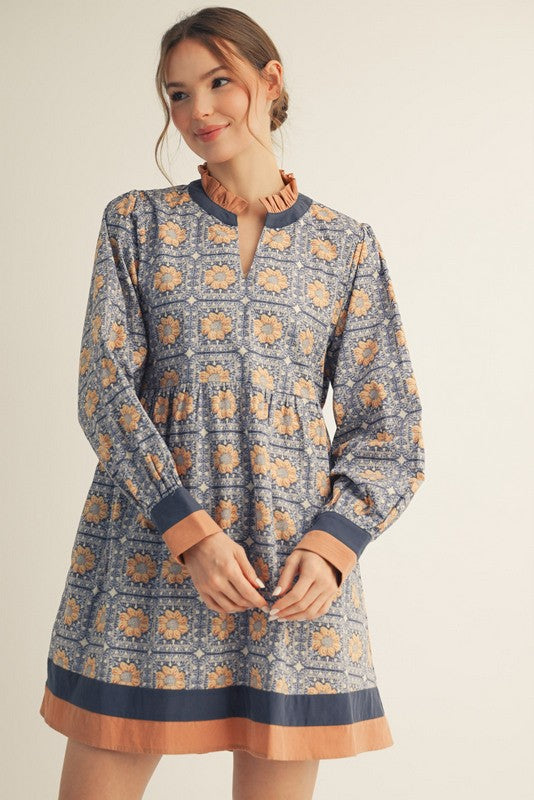 Ruffled Neck Floral Dress