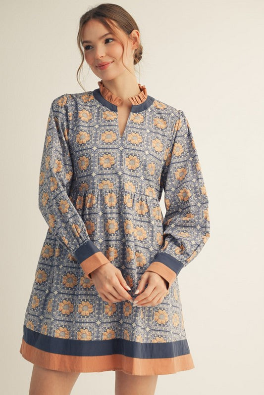 Ruffled Neck Floral Dress