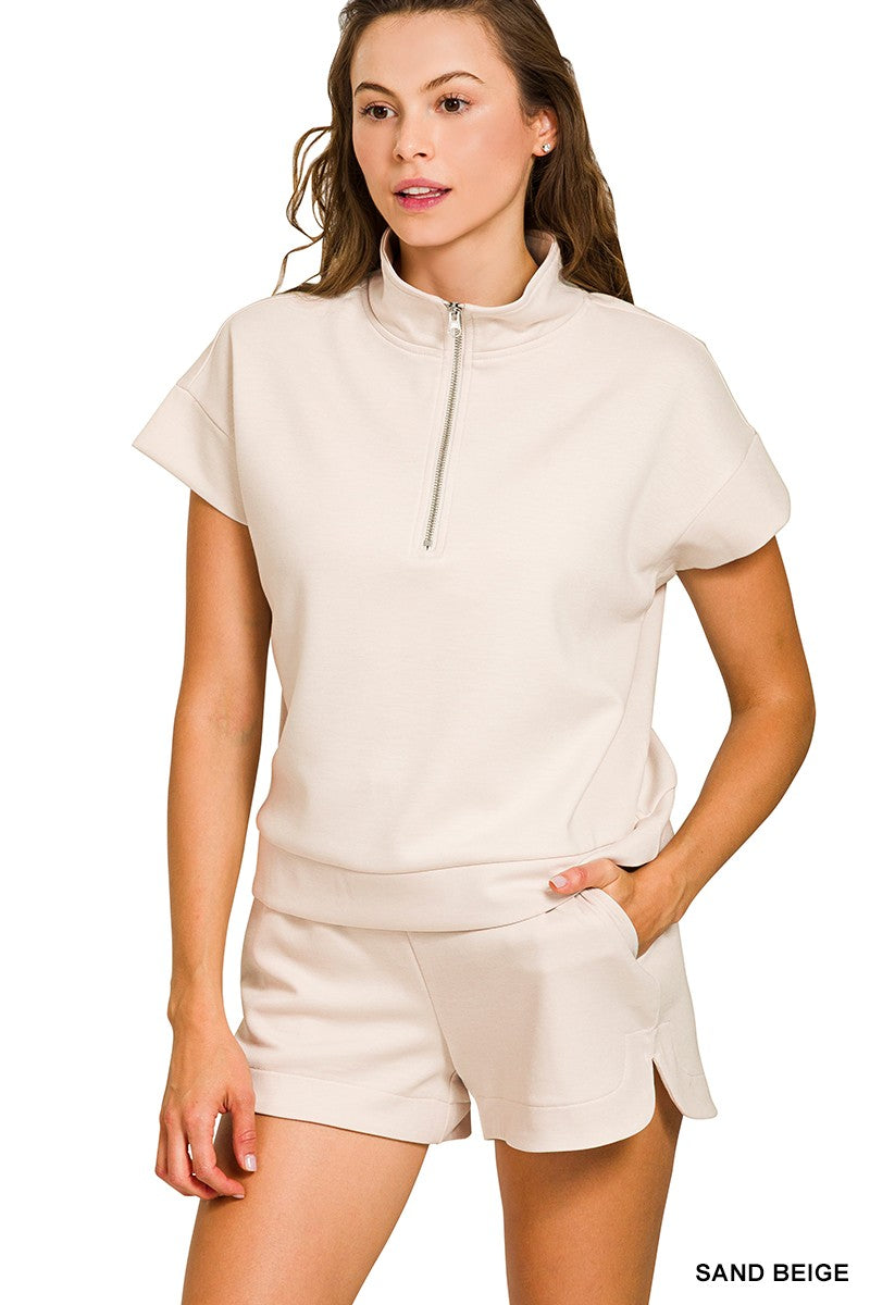 Scuba Half Zip Top & Short Set-Sand Beige