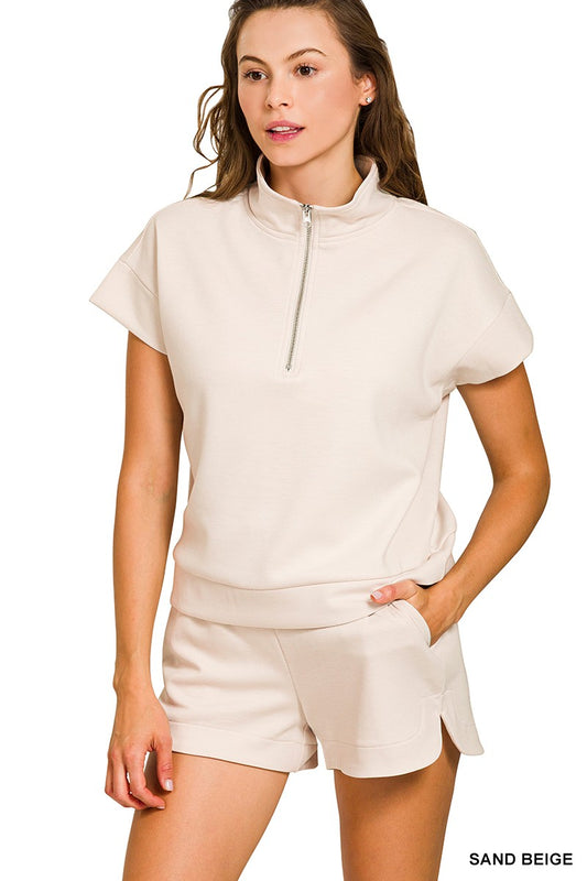 Scuba Half Zip Top & Short Set-Sand Beige