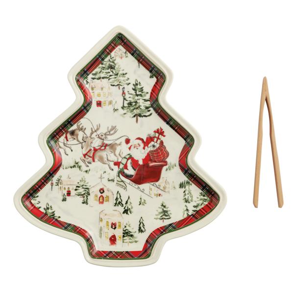 Santa Tartan Cookie Plate and Tong Set