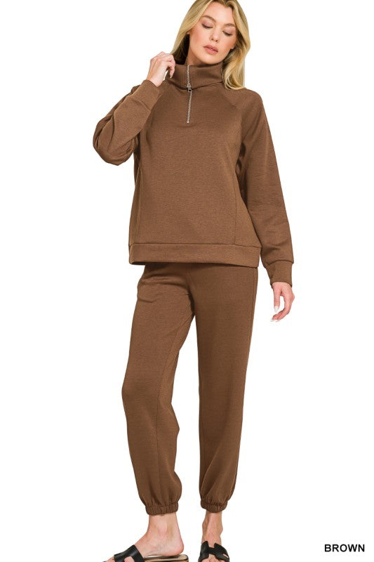 High Collared Sweatshirt & Jogger Set-Brown