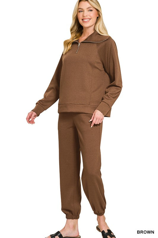 High Collared Sweatshirt & Jogger Set-Brown