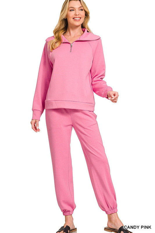 High Collared Sweatshirt & Jogger Set- Candy Pink