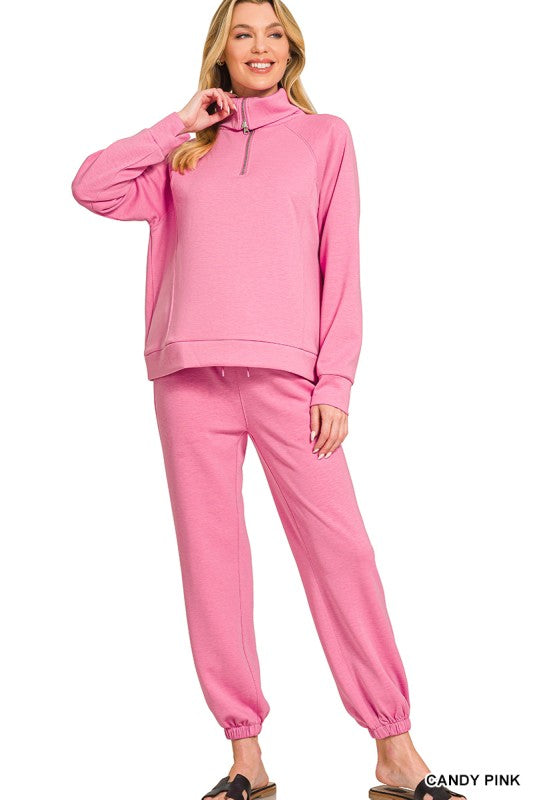 High Collared Sweatshirt & Jogger Set- Candy Pink