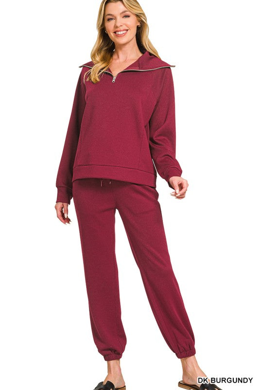High Collared Sweatshirt & Jogger Set-DK Burgundy