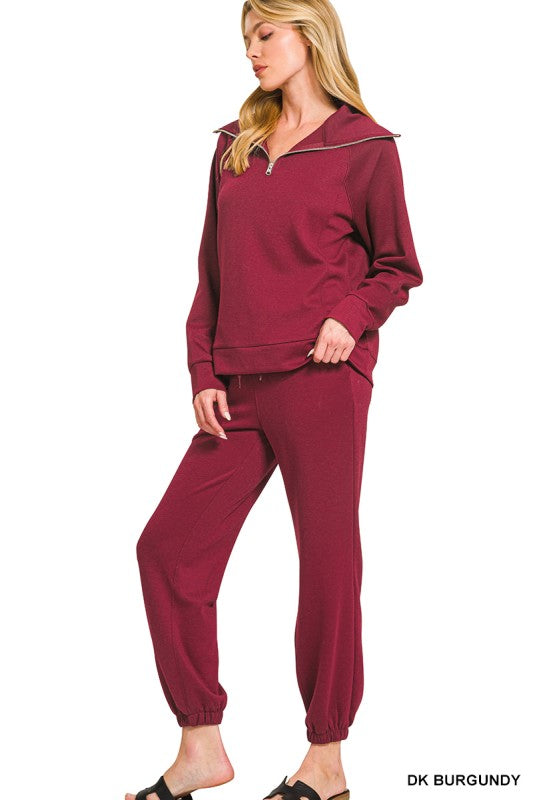 High Collared Sweatshirt & Jogger Set-DK Burgundy