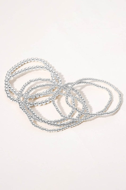 Silver Beaded Stretch Bracelets-Set of 7