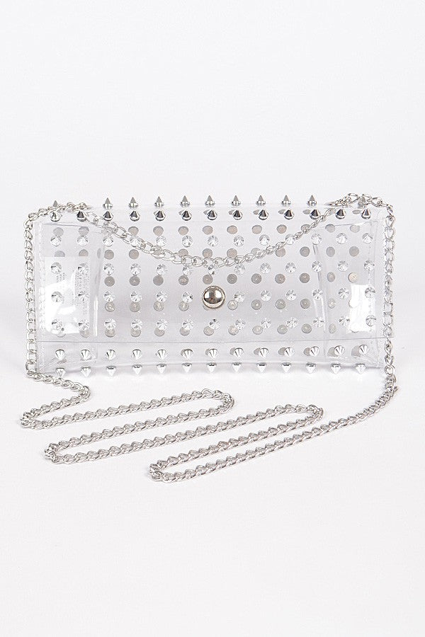 Spike Studded Clear Clutch: Silver