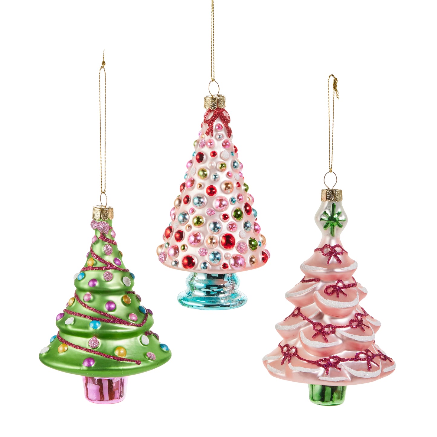 Blushing Tree Ornaments- Green, Pink w/Orn., Pink w/Bows