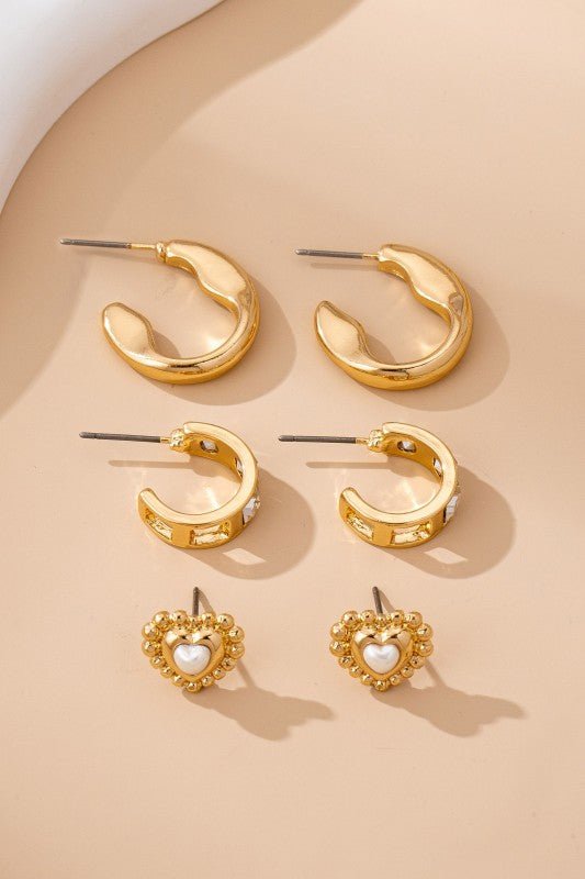 Pearl Heart & Rhinestone Huggie Earring Set
