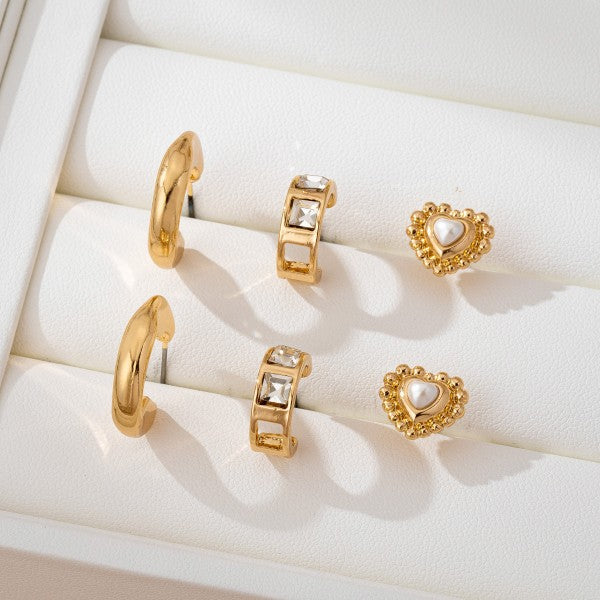 Pearl Heart & Rhinestone Huggie Earring Set