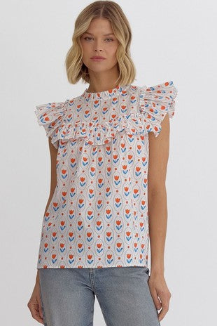FINAL SALE Tulip Printed Ruffled Sleeveless Top