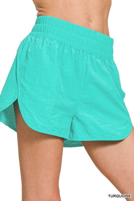 Windbreaker Smocked Waist Shorts-Turquoise