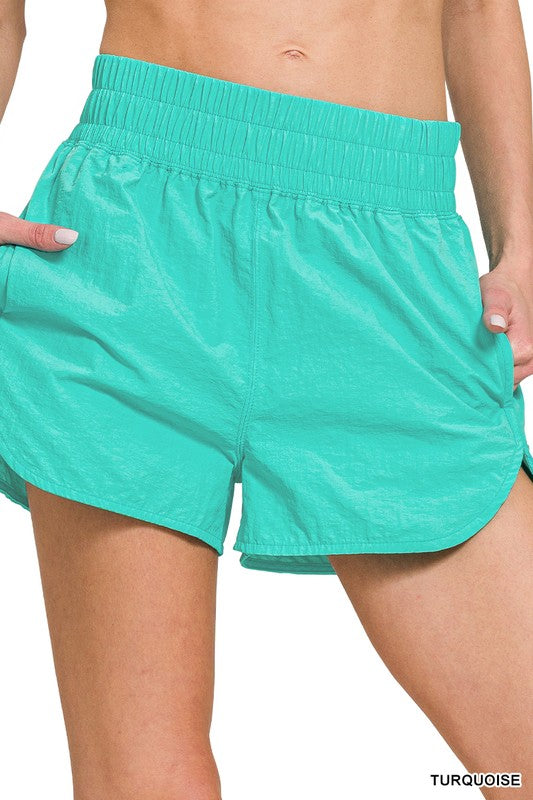 Windbreaker Smocked Waist Shorts-Turquoise