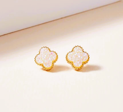 Flower Druzy Stone Stud Earrings - White AB