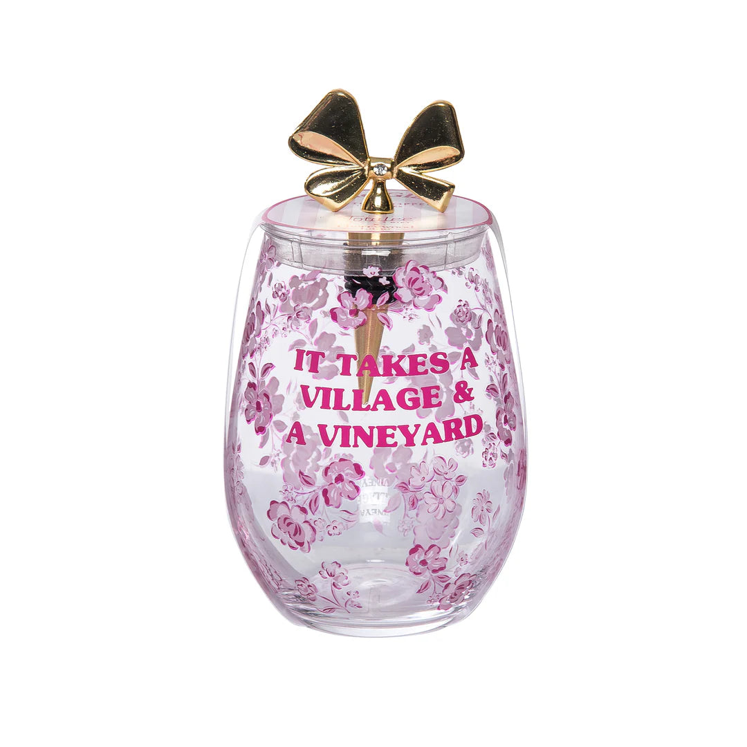 "It Takes a Village..." Wine Glass w/Bow Stopper Set