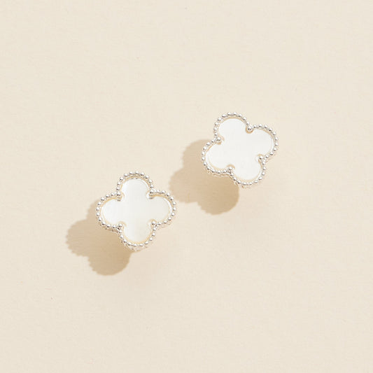 Clover Shape Shell Stud Earrings - White