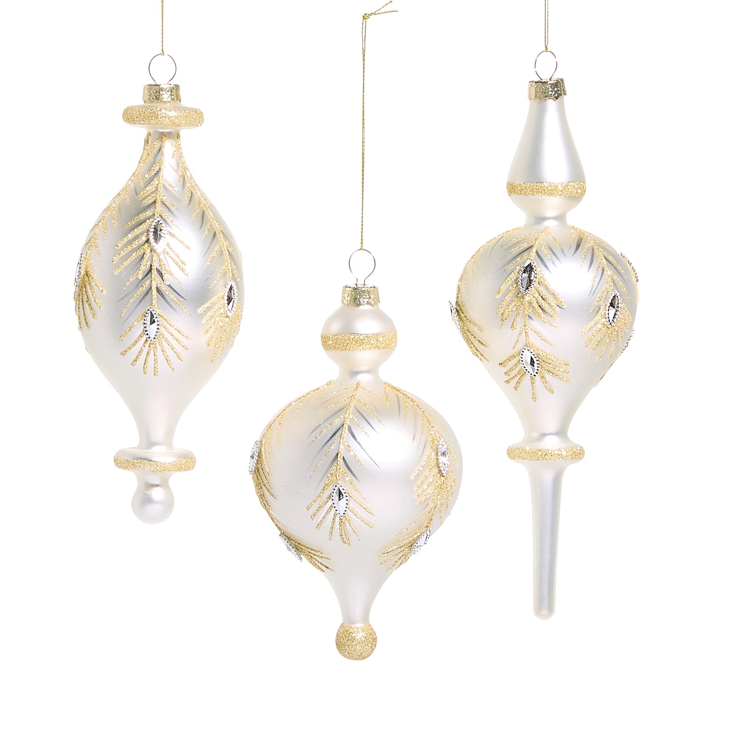 White/Gold Jeweled Ornaments- Finial, Pear, Spindle