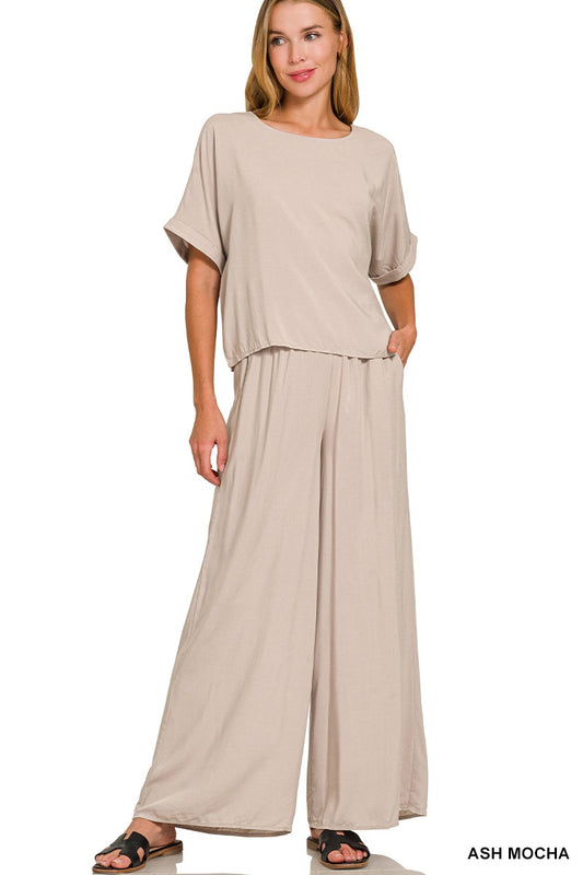 Woven Short Sleeve Top & Pants Set- Ash Mocha
