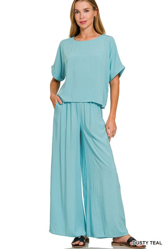 Woven Short Sleeve Top & Pants Set- Dusty Teal