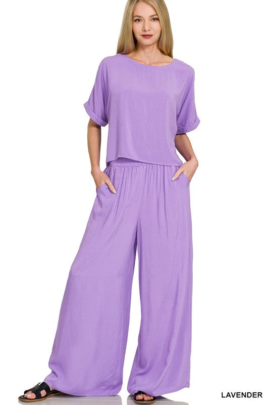 Woven Short Sleeve Top & Pants Set-Lavender