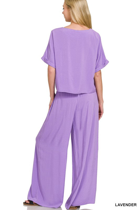 Woven Short Sleeve Top & Pants Set-Lavender