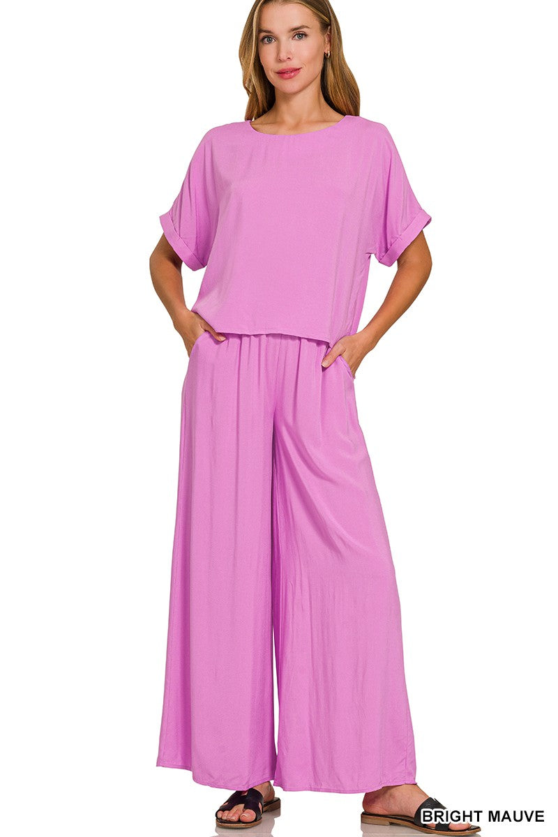 Woven Short Sleeve Top & Pants Set- Brite Mauve