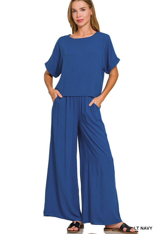 Woven Short Sleeve Top & Pants Set-Lt Navy