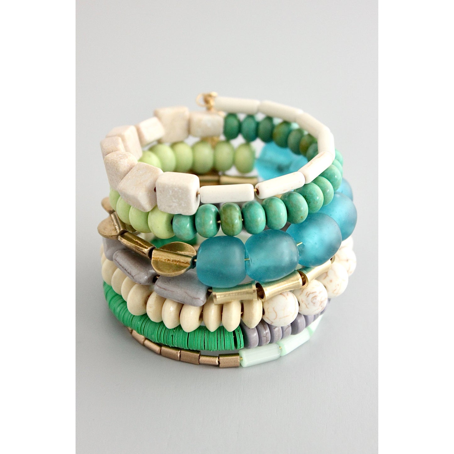 Aqua, Green, Gray, and White Wrap Bracelet