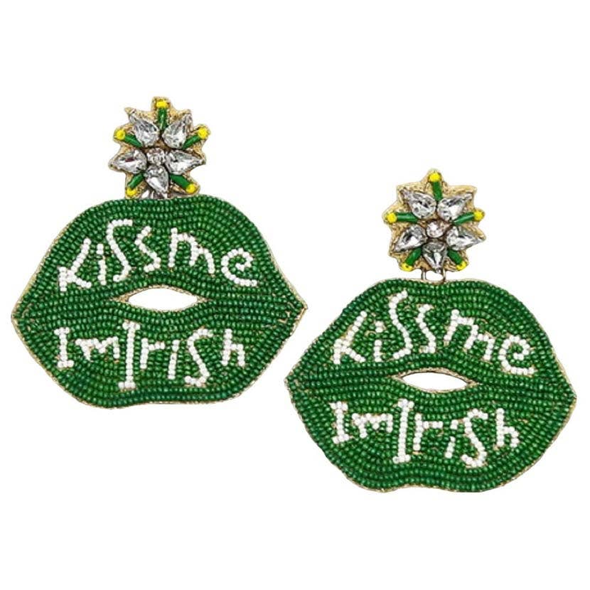 St. Patrick's Kiss Me I'm Irish Lips Seed Bead Earrings