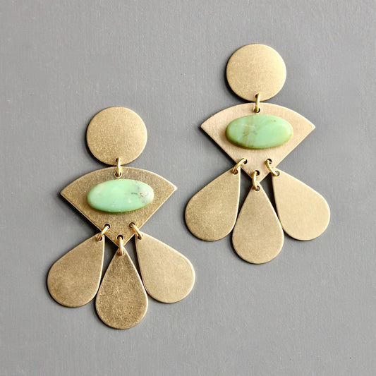 Brass and Green Stone Post Earrings