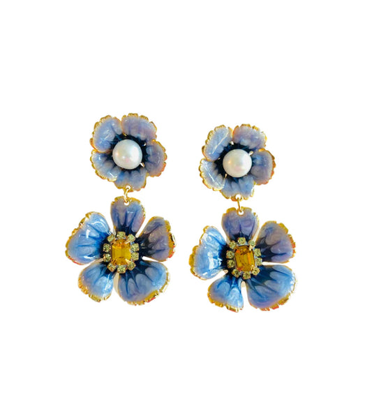 Double Color Drop Flower Earring In Blue Topaz