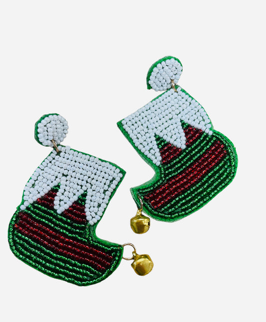 Green & Red Beaded Elf Shoe Earrings