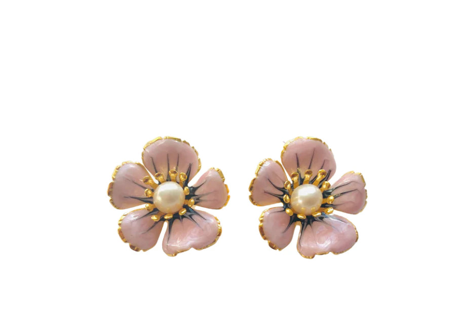 Pink Flower With Pearl Stud Earring