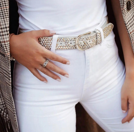 FINAL SALE Zina Studded Leather Belt In White