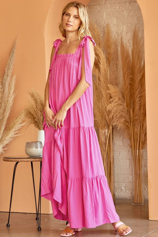 FINAL SALE Solid Maxi Tiered Dress In Hot Pink